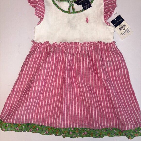 NEW WITH TAGS Polo Ralph Lauren Linen Ruffle Pink Green Dress - 18M - Picture 1 of 9